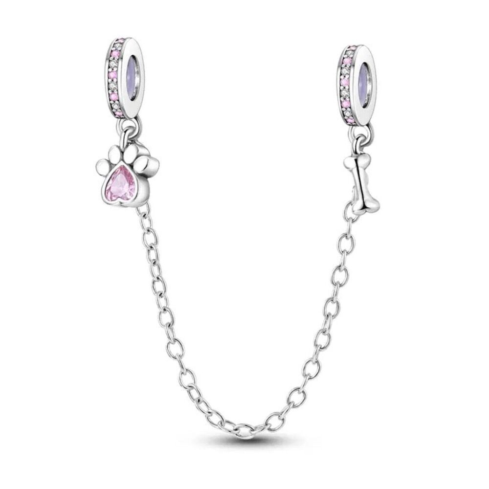 S925 Sterling Silver Pink Sparkle Paw & Bone Safety Chain For Charm Bracelet